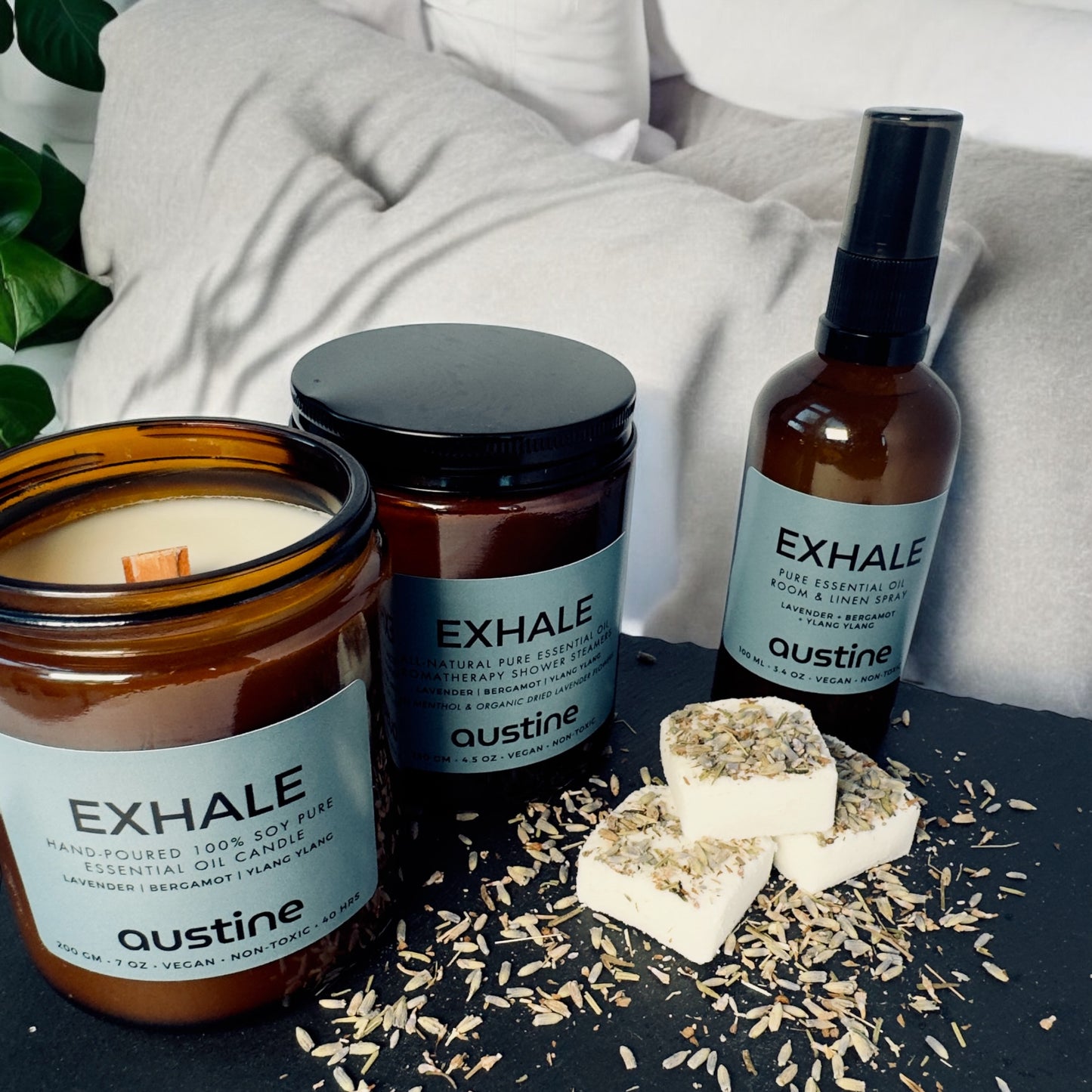Exhale Signature Gift Set in Austine Cotton Bag - Candle, Room Spray, and Shower Steamers