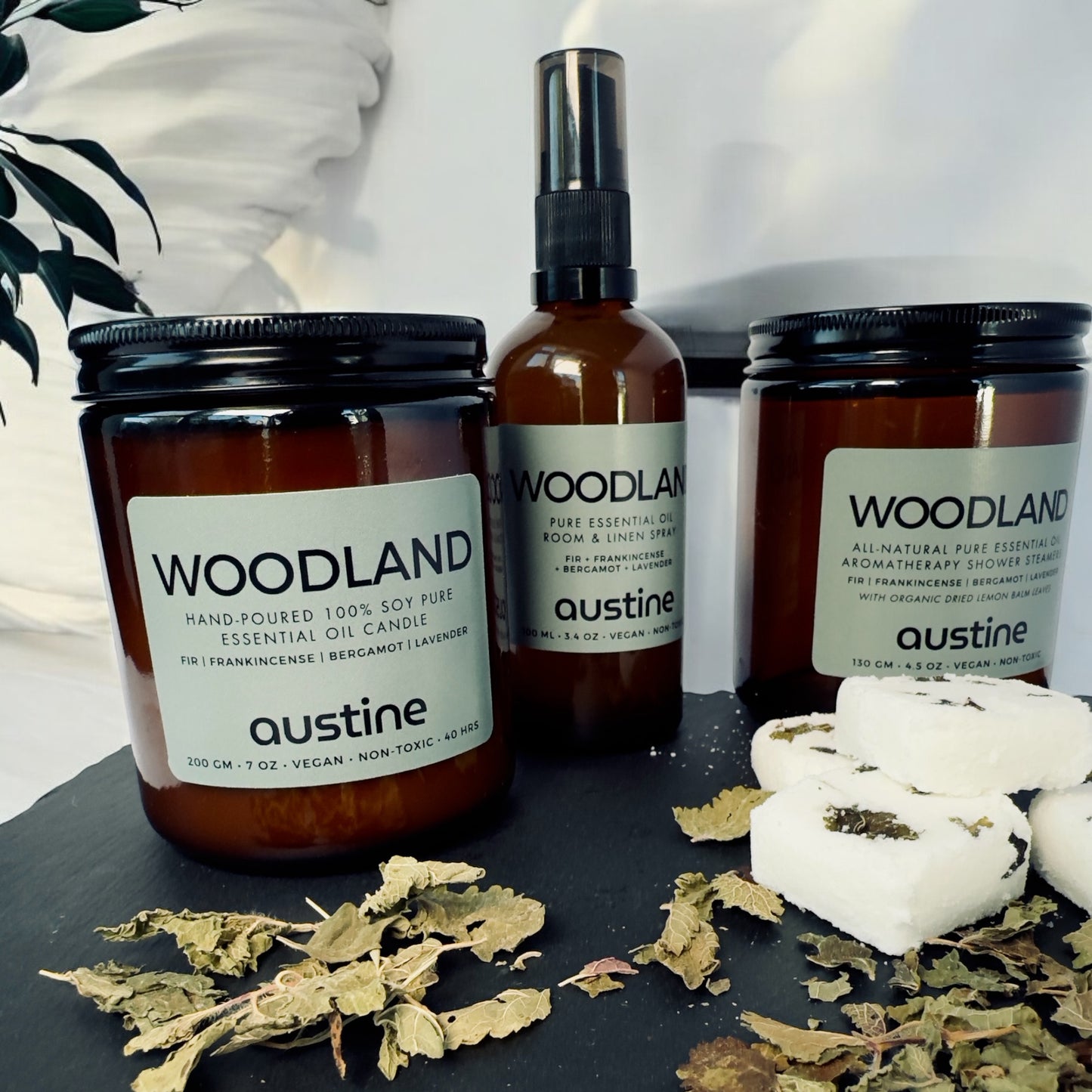 Woodland Signature Gift Set in Austine Cotton Bag - Candle, Room Spray, and Shower Steamers