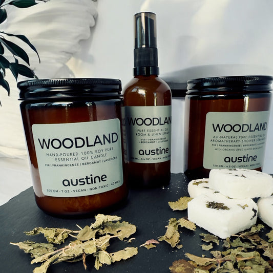 Woodland Signature Gift Set in Austine Cotton Bag -  Candle, Room Spray, and Shower Steamers